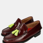 Burgundy loafers with pistachio tassels